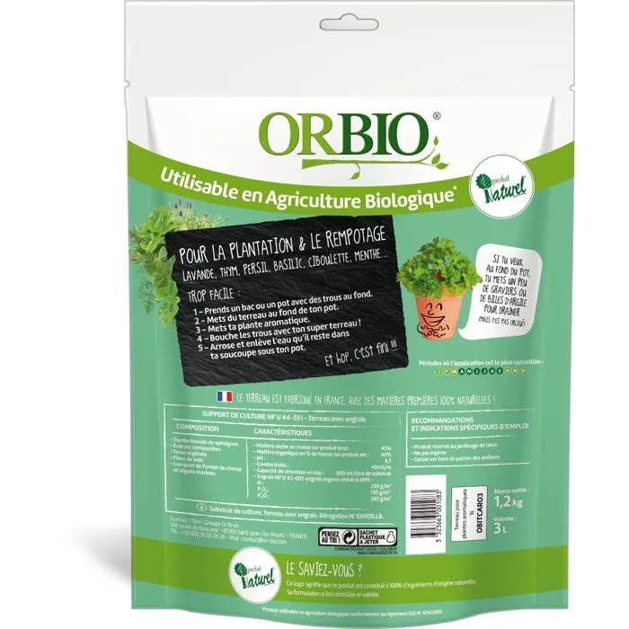 Orbio Terreau pour plantes aromatiques - 3 L - Substrat spécifique au drainage optimisé pour basilic, persil, ciboulette, thym, menthe Orbio Terreau pour plantes aromatiques - 3 L - Substrat spécifique au drainage optimisé pour basilic, persil, ciboulette, thym, menthe