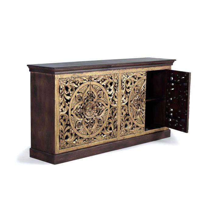 GINER Y COLOMER Aparador Buffet en Bois de Mango Sculpté avec Pan de Oro, Noir Doré et Noyer 2 GINER Y COLOMER Aparador Buffet en Bois de Mango Sculpté avec Pan de Oro, Noir Doré et Noyer 2