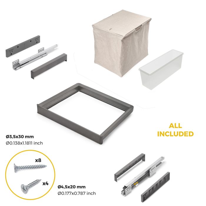 Emuca Kit plateau auxiliaire, panier et rack ajustable Quartz pour armoires, glissières extension totale et à fermeture douce, Module 60cm, Finition Titane 5
