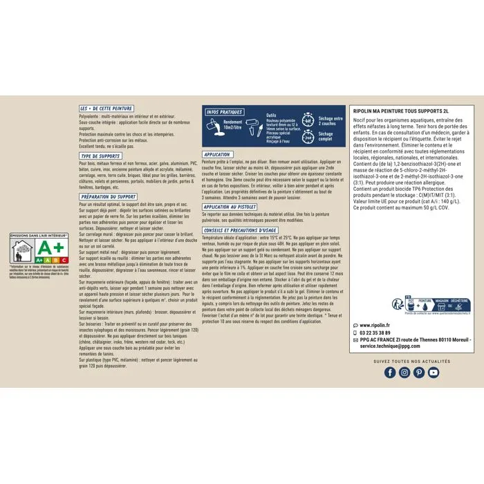 Ripolin - Peinture Multi-Supports Mat Blanc Cassé RAL 1013 - 2 Litres - Pour Bois, Métal, Béton, PVC, 12 Matériaux - Résiste aux UV et Intempéries