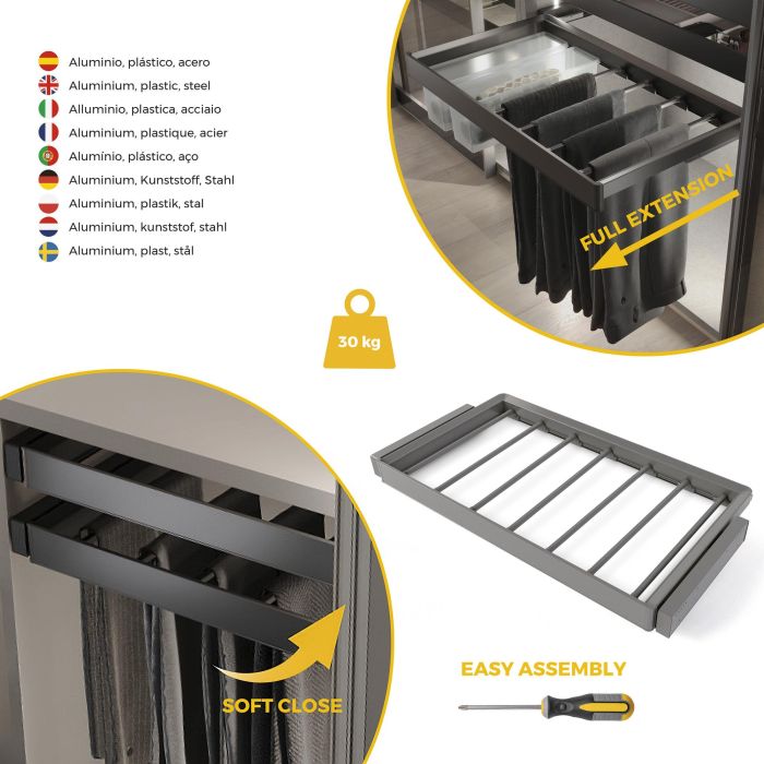 Emuca Kit de porte-pantalon à 7tringles et rack ajustable Quartz pour armoires, glissières extension totale et à fermeture douce, Module 90cm, Finition Titane 6