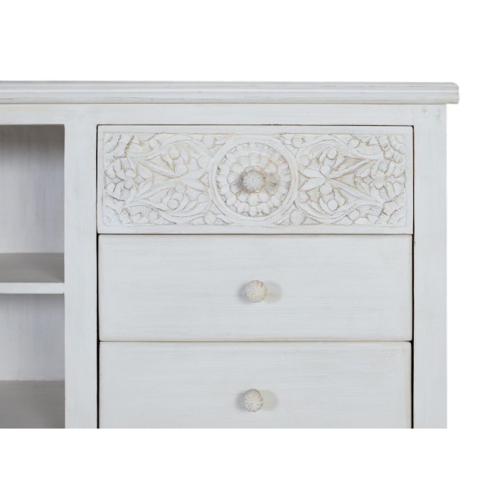 GINER Y COLOMER Meuble TV avec 6 tiroirs et 2 espaces ouverts, en bois de manguier blanc vieilli, 180 x 40 x 70 cm 1 GINER Y COLOMER Meuble TV avec 6 tiroirs et 2 espaces ouverts, en bois de manguier blanc vieilli, 180 x 40 x 70 cm 1
