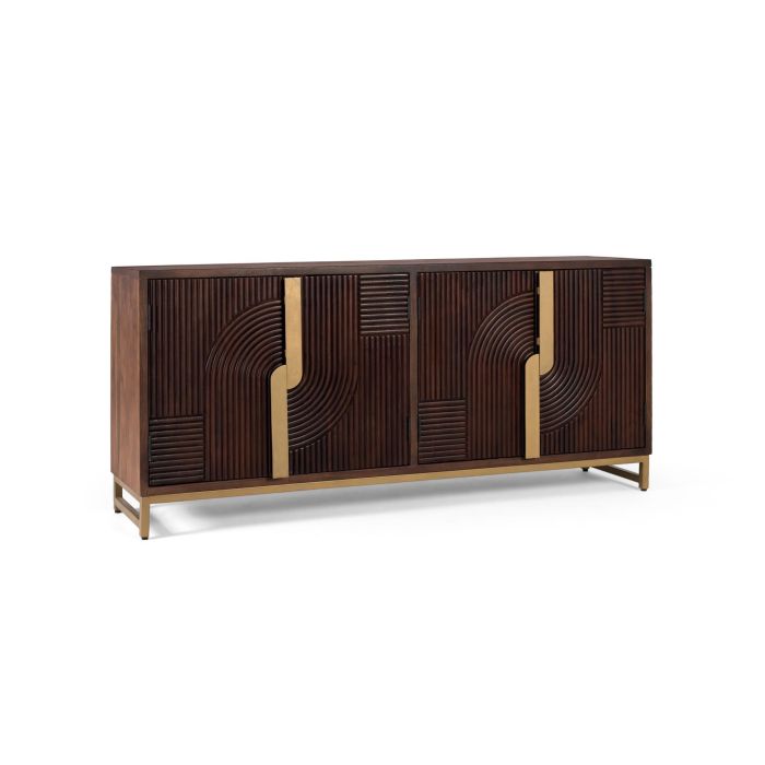 GINER Y COLOMER Dora2 - Buffet en bois de manguier massif 4 portes, détails dorés et pieds métalliques - Coloris noyer - 62x41 cm (porte) 1