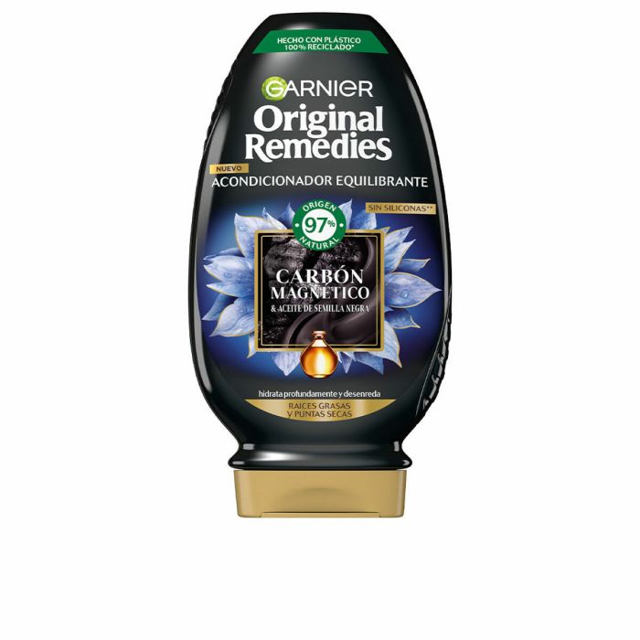 Garnier Original Remedies Après-Shampoing Magnétique au Charbon Actif et Huile de Nigelle, 250 ml, Cheveux Gras, 72h Hydratation