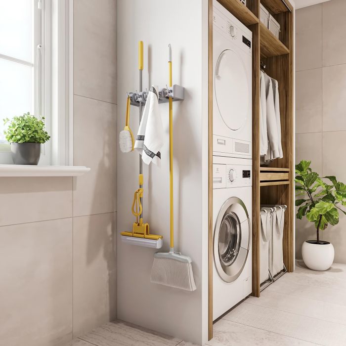 Emuca Porte balay et Porte Mops, avec 5 crochets et 4 trous, Plastique, Gris 1 Emuca Porte balay et Porte Mops, avec 5 crochets et 4 trous, Plastique, Gris 1