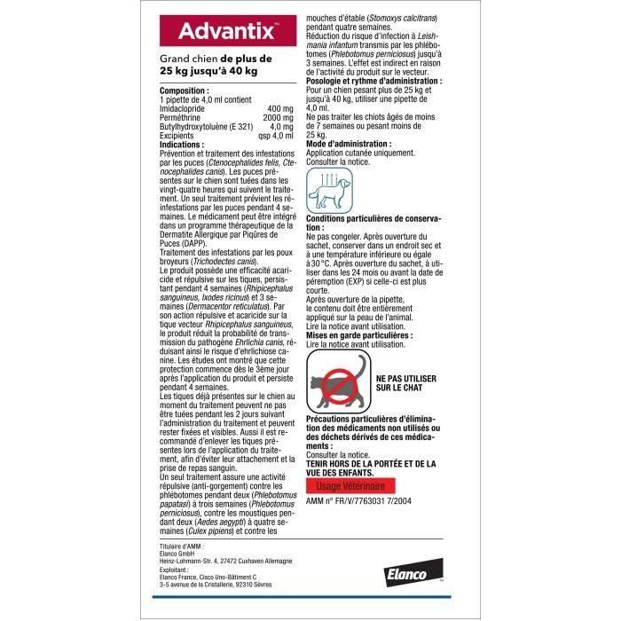 ADVANTIX Chien Solution Antiparasitaire Grande Race 25 a 40kg 6 pipettes 1 ADVANTIX Chien Solution Antiparasitaire Grande Race 25 a 40kg 6 pipettes 1