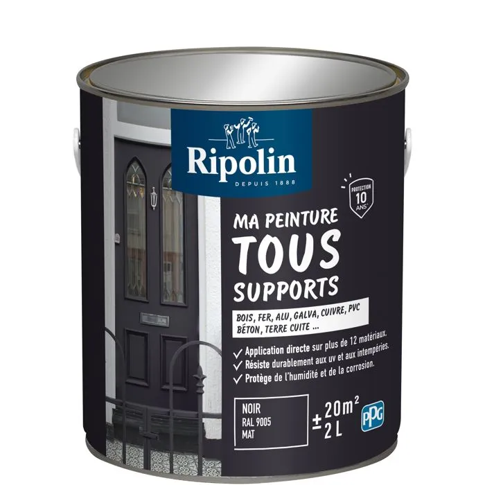 Ripolin Peinture multi-supports Noir RAL 9005 Mat 2 L - Application directe sur bois, fer, béton - Résiste aux UV et intempéries Ripolin Peinture multi-supports Noir RAL 9005 Mat 2 L - Application directe sur bois, fer, béton - Résiste aux UV et intempéries