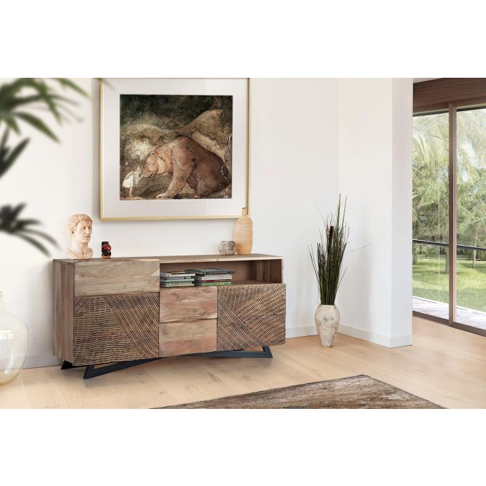 GINER Y COLOMER Buffet en bois d'acacia et métal, 2 portes et 3 tiroirs, couleur naturel et noir, buffet rustique avec pattes métal et sculptures manuelles 7