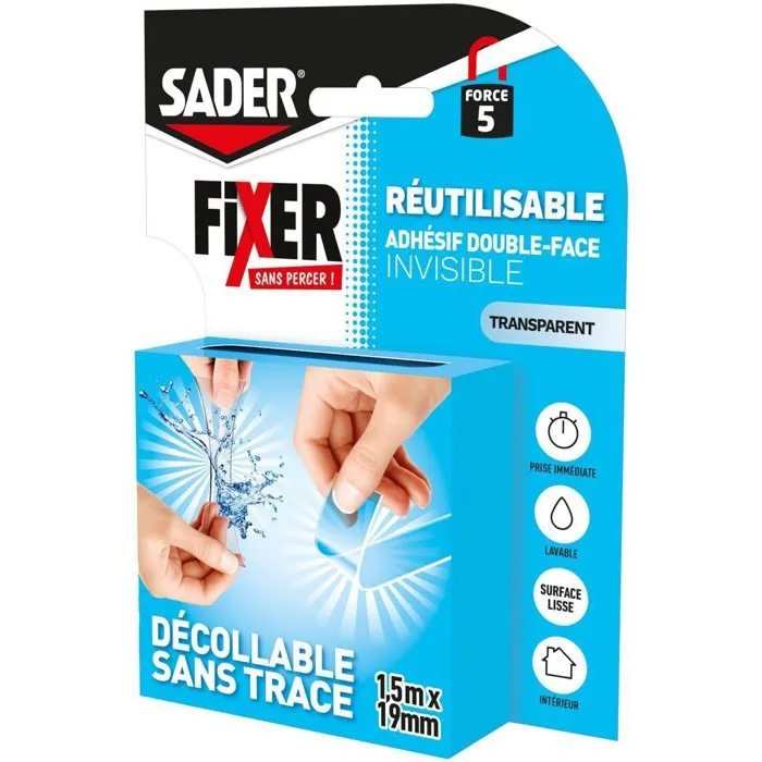 Sader Adhésif Double Face Extra, Transparent et Réutilisable, Invisible, Fixation sans Percer, Résistant à l'Eau et aux UV, 1.5 m x 19 mm Sader Adhésif Double Face Extra, Transparent et Réutilisable, Invisible, Fixation sans Percer, Résistant à l'Eau et aux UV, 1.5 m x 19 mm