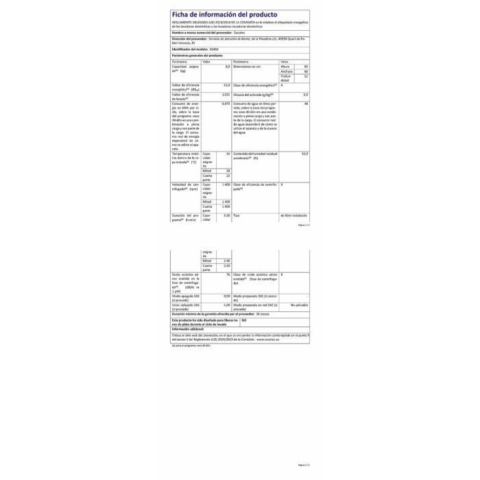 Machine à laver Cecotec Bolero DressCode 8500 Inverter A 8 kg 3