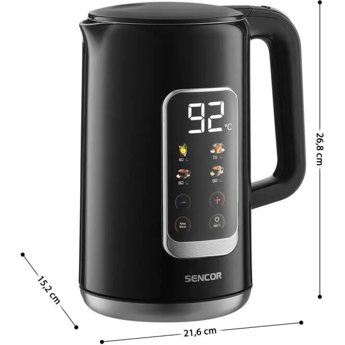 Sencor SWK 0951BK - Bouilloire électrique 1,7 litre 2200 W, inox, contrôle de température 40-100°C, écran LED, triple sécurité