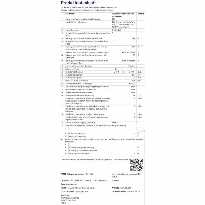 Écran TCL 34R83Q LCD 37" 16