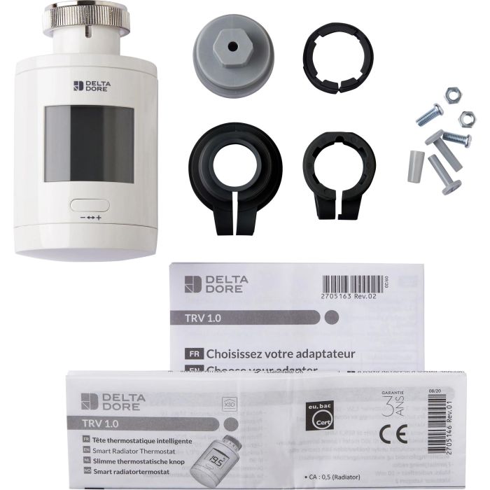 Delta Dore TRV 1.0 Adapt - Tête thermostatique connectée avec adaptateurs - Programmation, contrôle vocal et smartphone Delta Dore TRV 1.0 Adapt - Tête thermostatique connectée avec adaptateurs - Programmation, contrôle vocal et smartphone