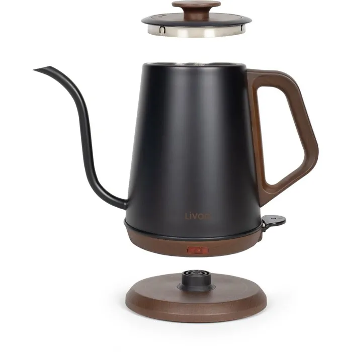 Livoo Bouilloire DOD206 1360 W 1 L Col de Cygne, Socle Pivotant 360°, Arrêt Automatique, Acier Inoxydable, Noir/Marron