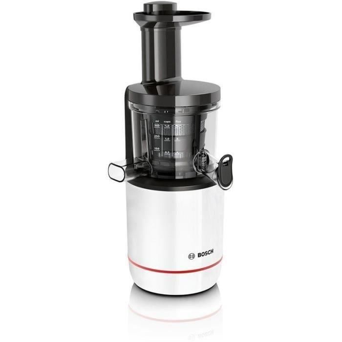 Bosch MESM500W Extracteur de jus VitaExtract Blanc/Chrome, 150 W, 1 vitesse + reverse, sécurité couvercle, 2 filtres, carafe et accessoires