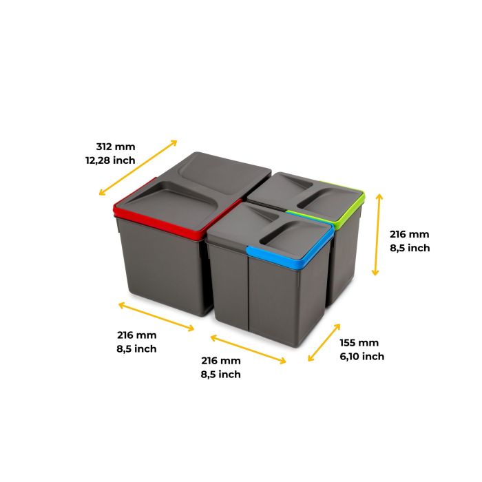 Emuca Kit de bacs de tri sélectif pour tiroirs de cuisine Recycle hauteur 216mm, 1x12litres, 2x6litres, Plastique gris anthracite 5 Emuca Kit de bacs de tri sélectif pour tiroirs de cuisine Recycle hauteur 216mm, 1x12litres, 2x6litres, Plastique gris anthracite 5