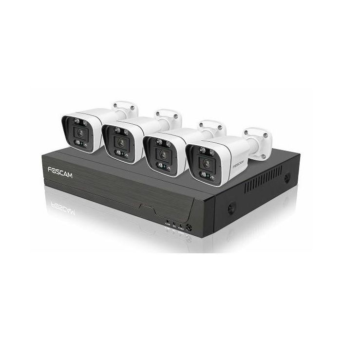 Foscam FN9108E-B4-2T Kit de vidéosurveillance avec enregistreur - 4 caméras dômes extérieures 5MP, filaire, résolution 5MP, vision nocturne 20m, IP66, 2 To de stockage