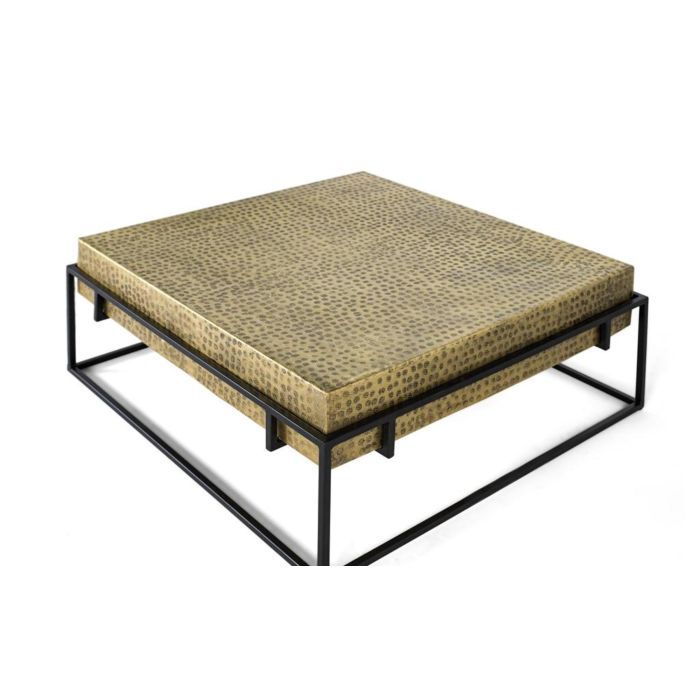 GINER Y COLOMER - Table basse carrée avec structure en fer doré et plateau en aluminium doré à motifs - Design moderne industriel - Noir et doré 2