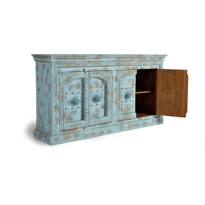 GINER Y COLOMER - Buffet 4 portes en bois de manguier vert d'eau vieilli, sculpté à la main, avec détails métal, 190x100x45 cm 2 GINER Y COLOMER - Buffet 4 portes en bois de manguier vert d'eau vieilli, sculpté à la main, avec détails métal, 190x100x45 cm 2