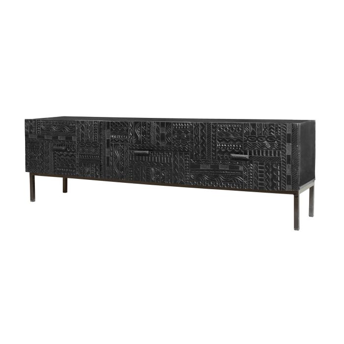 GINER Y COLOMER Buffet TV en bois de manguier massif avec sculpture hiéroglyphe et pattes en fer laqué noir - 180 x 40 x 55 cm 1 GINER Y COLOMER Buffet TV en bois de manguier massif avec sculpture hiéroglyphe et pattes en fer laqué noir - 180 x 40 x 55 cm 1