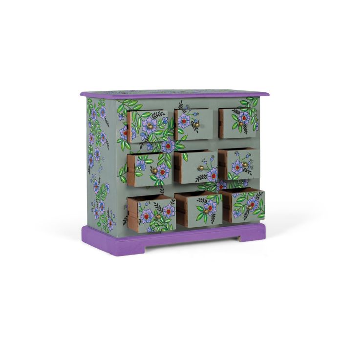 GINER Y COLOMER Commode en Mango Massif Peinte à la Main, 9 tiroirs, 70.5x31x60.5 cm, Finition Vert Gris et Motif Floral 2