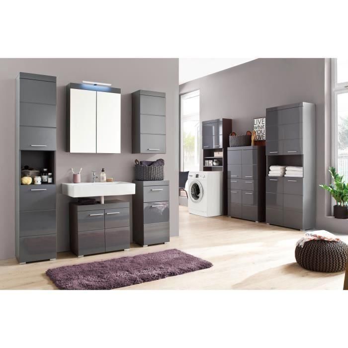 Meuble de salle de bain - Armoire de toilette - Miroir - 2 portes - Gris - L60 x P17 x H77cm - AMANDA 1