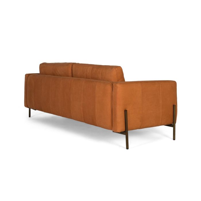 GINER Y COLOMER Canapé en cuir 3 places vintage 227 cm, canapé droit avec pattes en métal laiton, cuir chaleureux brun aux reflets orange 3