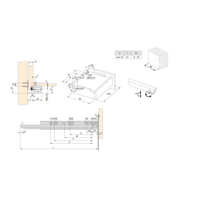 Emuca Jeu de coulisses invisibles Silver, coulisse à sortie totale, push, profondeur 450mm, Acier, Zingué 6