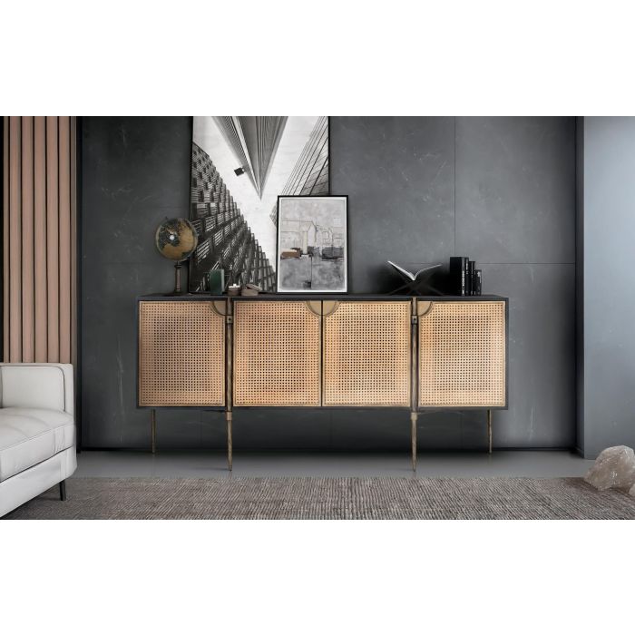 GINER Y COLOMER - Buffet avec portes en rotin naturel tissé et pieds métal, structure bois couleur foncée, noir et bronze, nécessite assemblage 5 GINER Y COLOMER - Buffet avec portes en rotin naturel tissé et pieds métal, structure bois couleur foncée, noir et bronze, nécessite assemblage 5