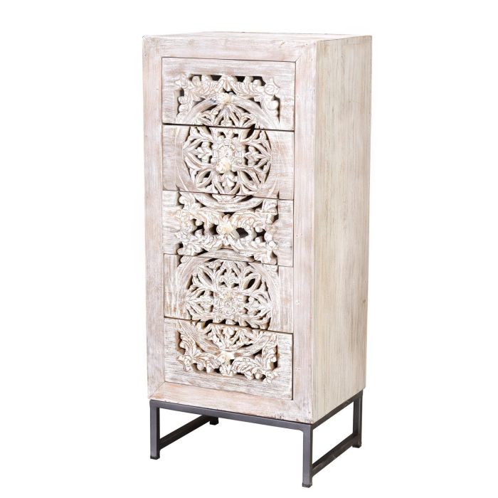 GINER Y COLOMER - Buffet commode 5 tiroirs en bois de manguier avec base en fer, couleur blanc vieilli et gris, dimensions 105 x 45 x 35 cm 1