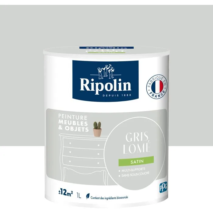 Ripolin - Peinture Meubles & Objets 1L - Satiné - Gris Lomé - Pour Bois, Mélaminé, Métal - Intérieur/Extérieur - 10% Biosourcé Ripolin - Peinture Meubles & Objets 1L - Satiné - Gris Lomé - Pour Bois, Mélaminé, Métal - Intérieur/Extérieur - 10% Biosourcé