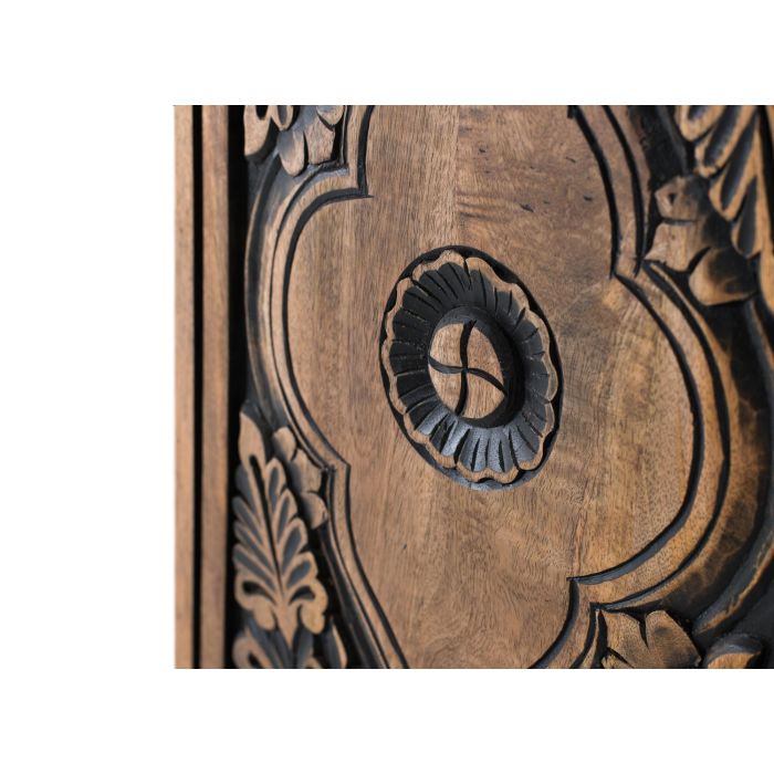 GINER Y COLOMER - Buffet haut en bois de manguier couleur noisette, portes sculptées mandala noir, étagère intérieure, pates tournées métal, dimensions 128x45 cm 4