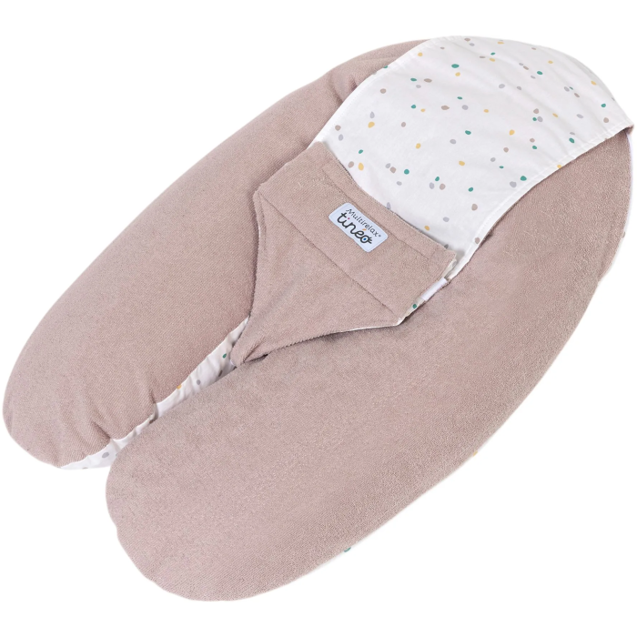 Tineo MultiRelax - Coussin de maternité, allaitement et transat bébé 3-en-1 - Réversible et déhoussable - Tissu éponge - Motifs Noisette et Pois