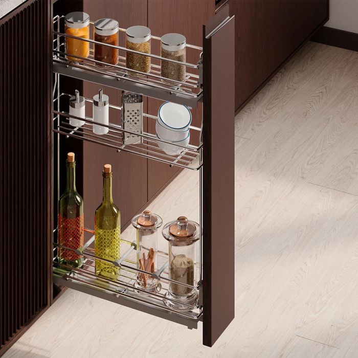 Emuca porte-bouteilles extractible SupraMax avec fermeture à amortie, gauche, 3 plateaux, module 150mm, Acier, Chromé 1 Emuca porte-bouteilles extractible SupraMax avec fermeture à amortie, gauche, 3 plateaux, module 150mm, Acier, Chromé 1