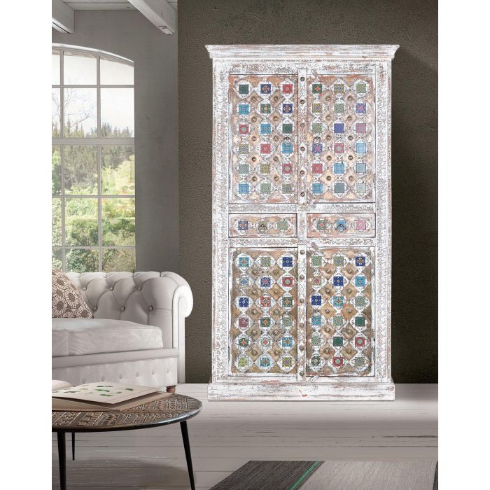 GINER Y COLOMER, Armoire en Bois de Mango avec Incrustations en Céramique et Bronze, Finition Blanc Lavé, 4 Portes, 2 Tiroirs, 185 x 100 x 40 cm 6 GINER Y COLOMER, Armoire en Bois de Mango avec Incrustations en Céramique et Bronze, Finition Blanc Lavé, 4 Portes, 2 Tiroirs, 185 x 100 x 40 cm 6