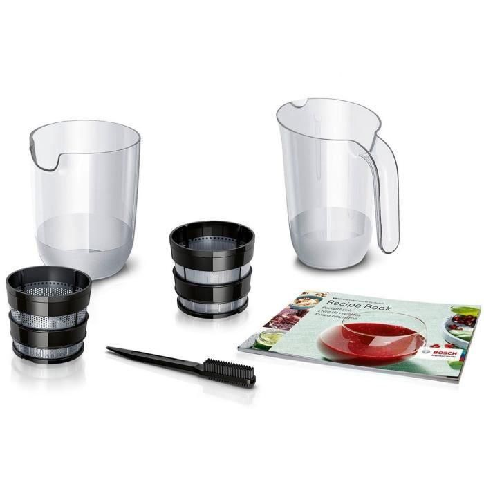 Bosch MESM500W Extracteur de jus VitaExtract Blanc/Chrome, 150 W, 1 vitesse + reverse, sécurité couvercle, 2 filtres, carafe et accessoires