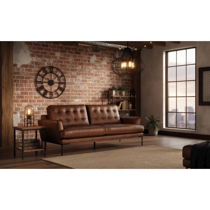 Giner y Colomer - Canapé 3 places en cuir véritable, style vintage avec capitonnage et pieds en métal bronze - Marron (L200 x P90 x H83 cm) 6