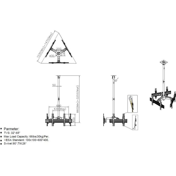 Equip Deckenhalterung 32"-65"/3TFT je 30kg 2Gelenke neig. sw lite Retail