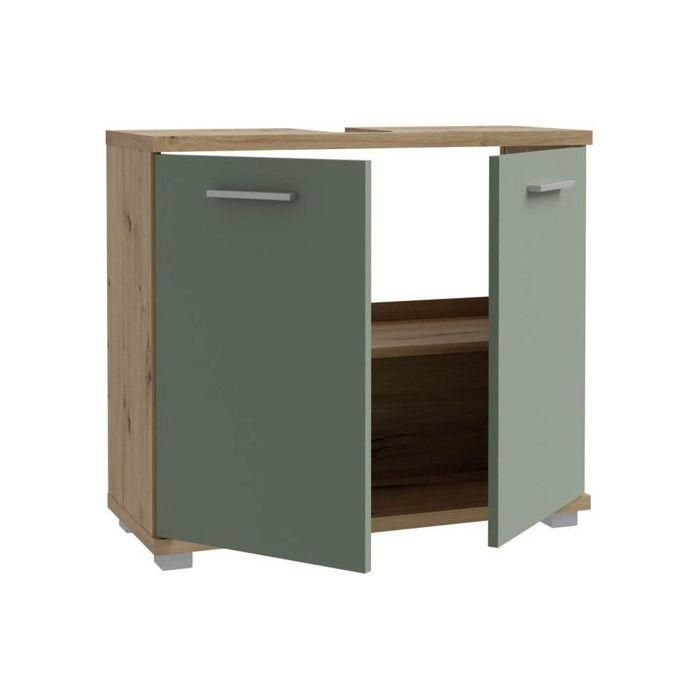 Meuble sous-lavabo - 2 portes - Décor chene & vert sauge - L69,9 x P28,9 x H62 cm - CHAMP 4 Meuble sous-lavabo - 2 portes - Décor chene & vert sauge - L69,9 x P28,9 x H62 cm - CHAMP 4