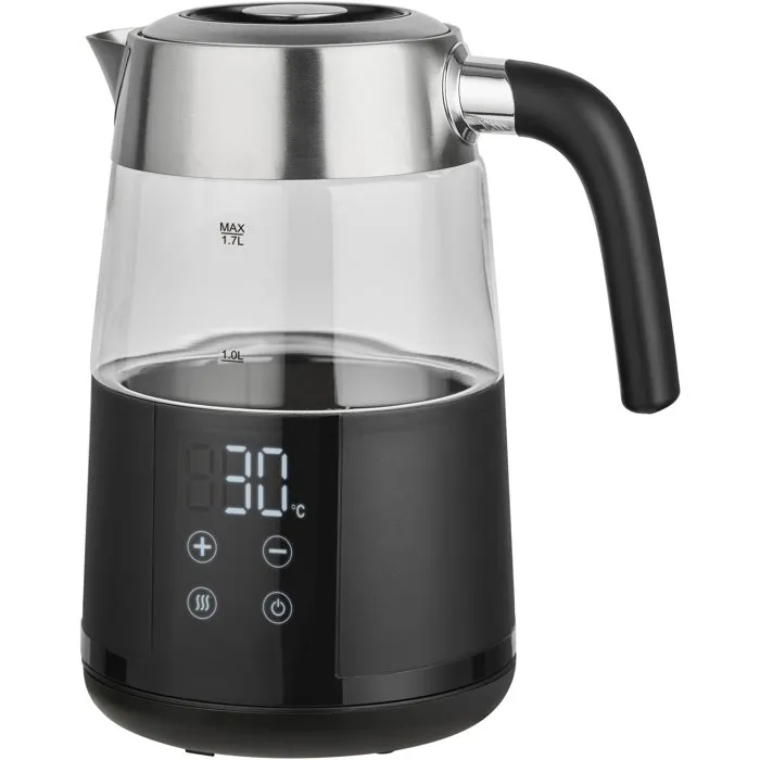 Livoo DOD221N - Bouilloire digitale électrique en inox - 2200W, 1.7L - Socle 360°, réglage température 40-100°C, 13 niveaux, maintien au chaud, affichage tactile