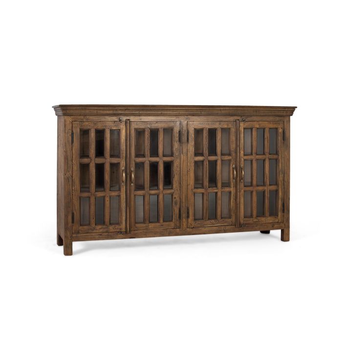 GINER Y COLOMER - Buffet sculpté à la main en bois de teck recyclé avec finition noisette vieillie, vitres et poignées dorées - Dimensions: portes 81x41 cm 1