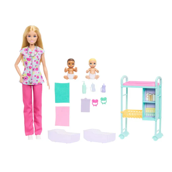 Barbie JMK12 Coffret de Jeu Pédiatre Barbie Careers avec Poupée Barbie, 2 Bébés, Table d'Examen et Accessoires