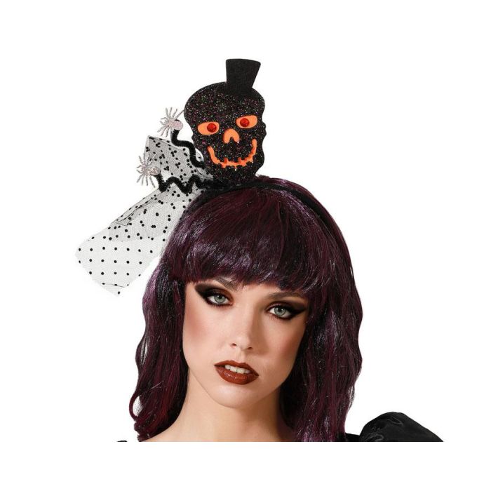 Diademe Halloween Tête de Mort Noir et Orange pour Adulte Femme - Déguisement Squelette, Catrina, Festif et Brillant