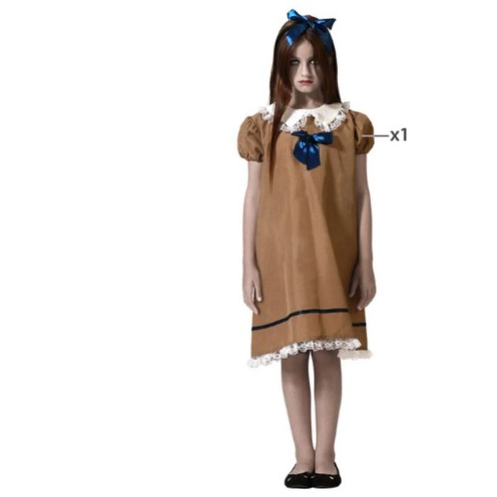 Déguisement Fille 7-9 Ans Costume de Poupée Vintage Marron avec Lacet Bleu pour Halloween, Fêtes et École