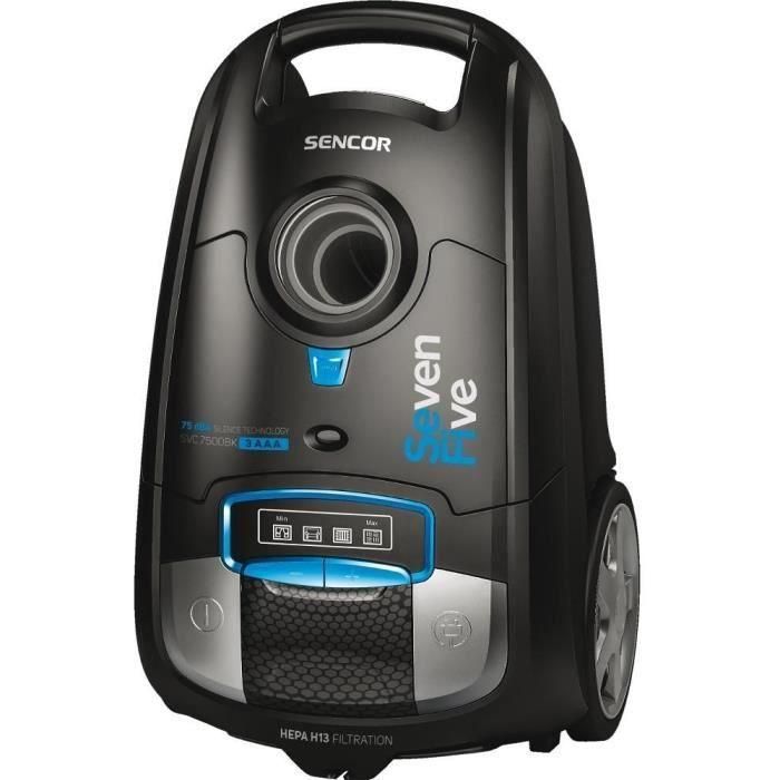 Sencor SVC 7500BK Aspirateur traîneau avec sac, filtre HEPA H13, 750 W, silencieux 75 dB(A), classe A, 314 m², sac 3.5 L, kit accessoires