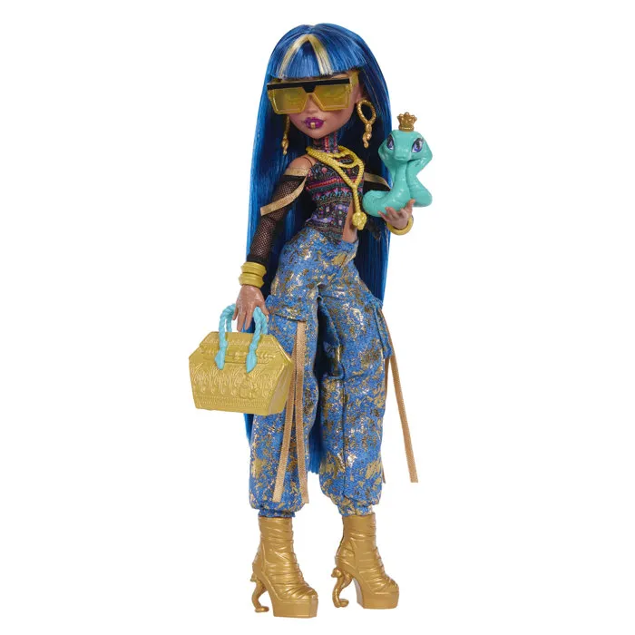 Monster High Poupet Cléo JHK32 - Poupée avec cobra et 7 accessoires, tenue dorée et lapis-lazuli Monster High Poupet Cléo JHK32 - Poupée avec cobra et 7 accessoires, tenue dorée et lapis-lazuli