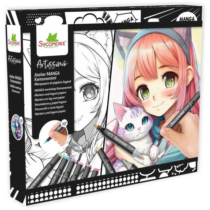 Sycomore Coffret Créatif Kemonomimi avec 10 Tableaux Layout et 10 Marqueurs - Kit d'Illustration Manga - À Partir de 10 Ans Sycomore Coffret Créatif Kemonomimi avec 10 Tableaux Layout et 10 Marqueurs - Kit d'Illustration Manga - À Partir de 10 Ans