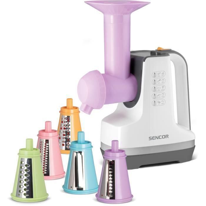 Sencor SSG 4500WH Robot de cuisine multifonction - Trancheuse et râpe électrique 150 W, 6 accessoires inclus (tube 57 mm), blanc