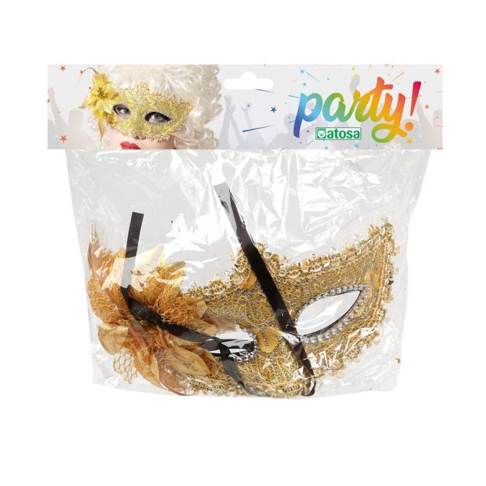 Masque vénitien doré avec fleur et plumes - Mascarade élégante - Accessoire pour fête, déguisement et carnaval