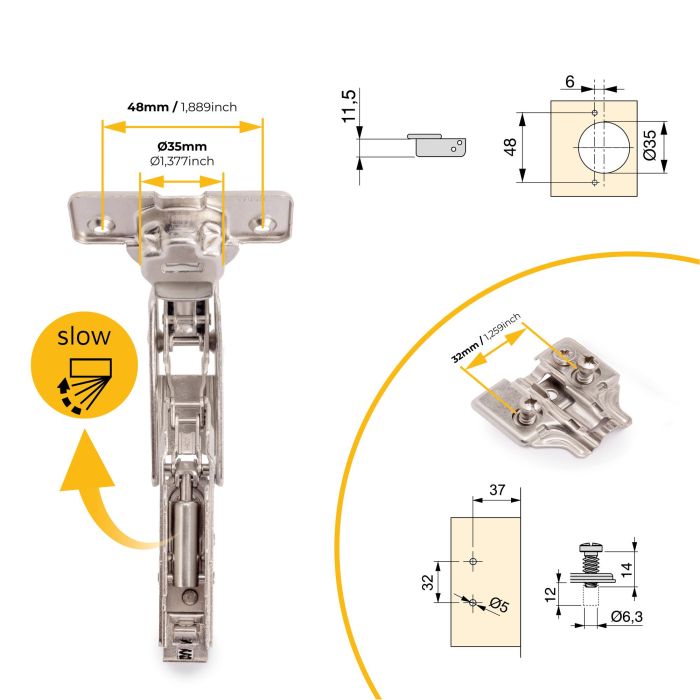 Emuca Lot de 10 charnières Super coudées X91 ouverture à 165 degrés avec fermeture amortie et embases Euro, hauteur 0, acier, nickelé 4